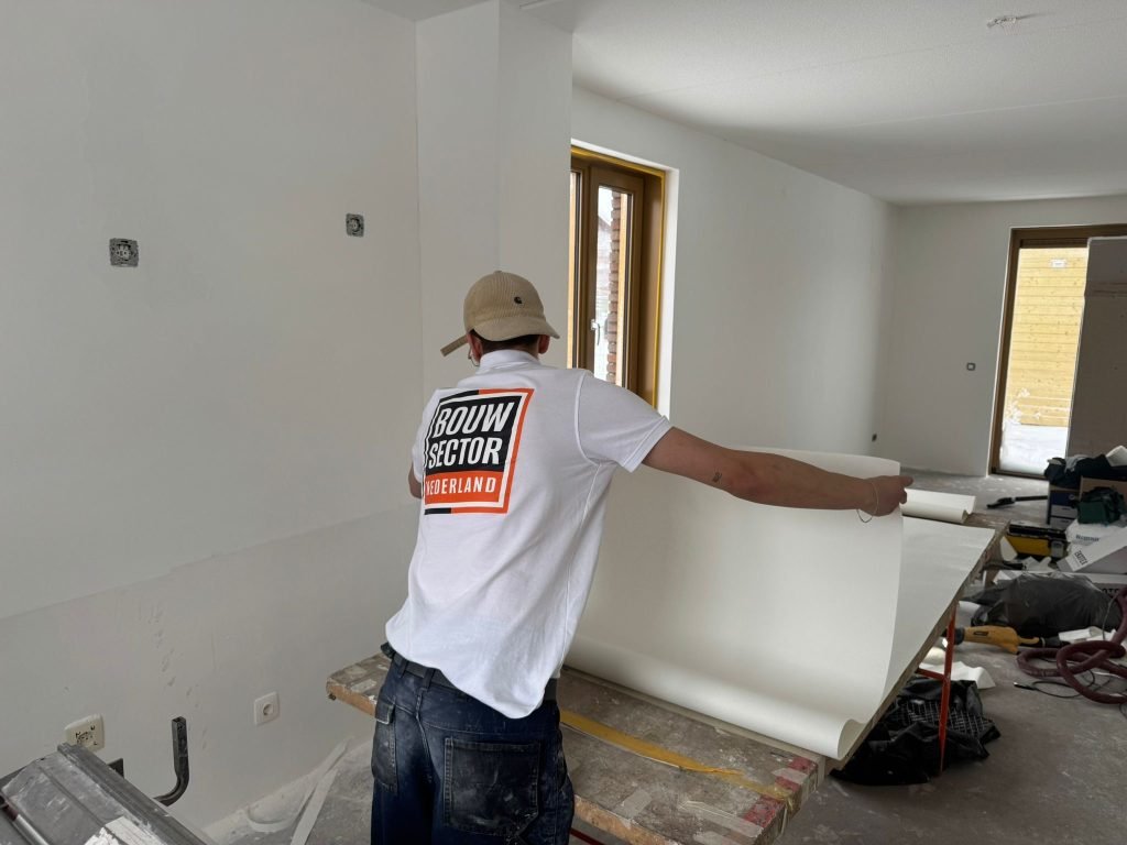 Behanger van Bouwsector Nederland rolt een baan renovlies uit op de plaktafel in een nieuwbouwwoning
