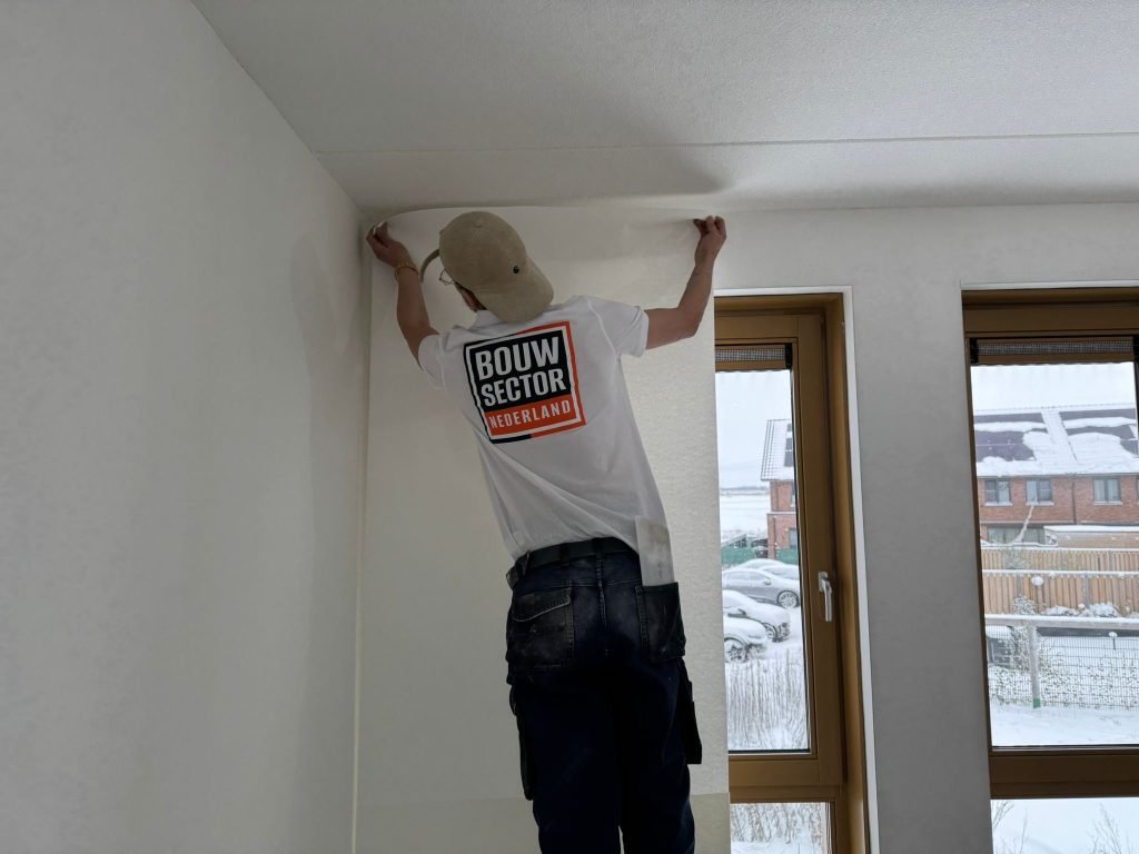 Behanger van Bouwsector Nederland zet een baan behang aan tegen het plafond naast een raam